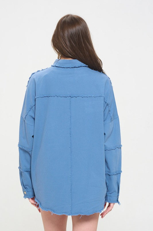 PATCHWORK FRAYED HEM BUTTON DOWN COLLARED TOP- 2 COLORS