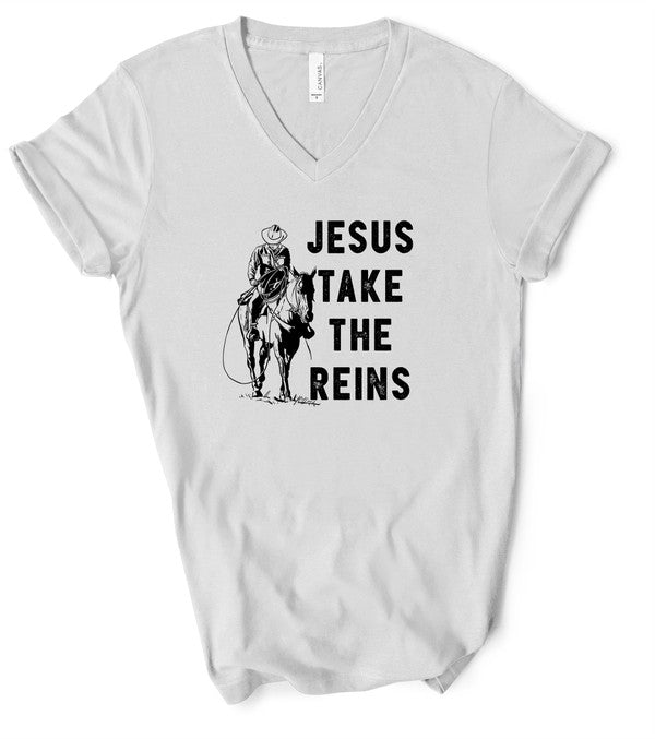 V-Neck Jesus Take the Reins Boutique Tee- 5 Colors