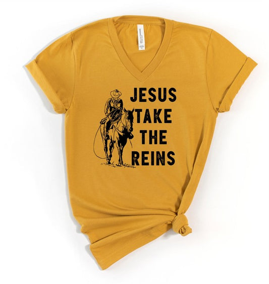 V-Neck Jesus Take the Reins Boutique Tee- 5 Colors