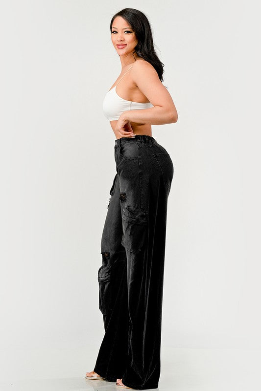 Calça Cargo Athina Black Washed Out