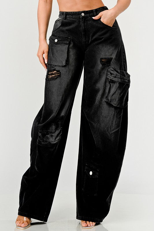 Calça Cargo Athina Black Washed Out