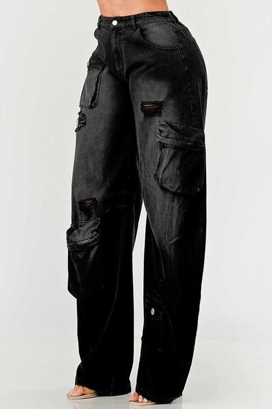 Calça Cargo Athina Black Washed Out