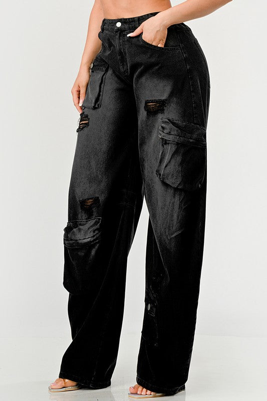 Calça Cargo Athina Black Washed Out