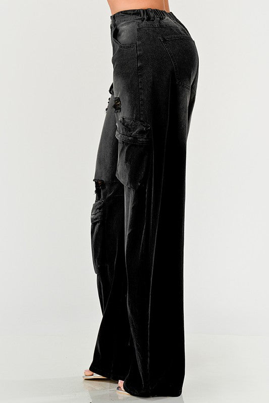 Calça Cargo Athina Black Washed Out