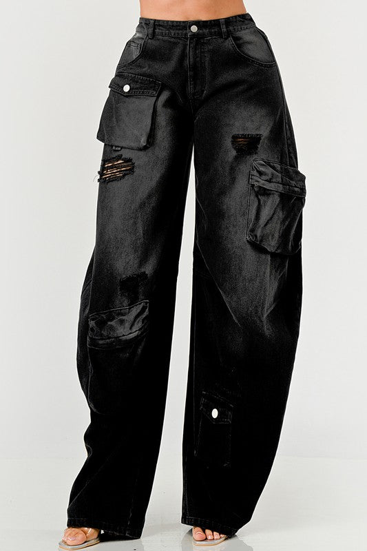 Calça Cargo Athina Black Washed Out