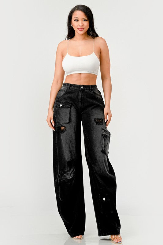 Calça Cargo Athina Black Washed Out