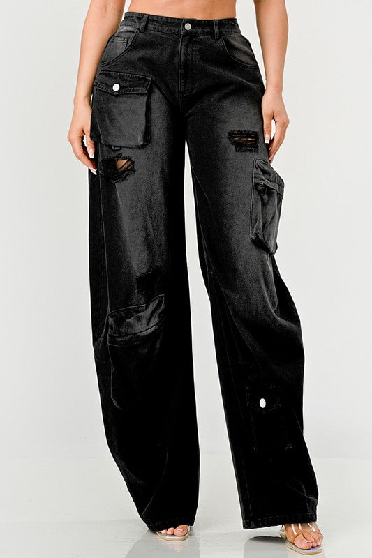 Calça Cargo Athina Black Washed Out