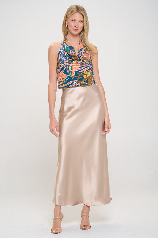 Renee C Made in USA Tropical Leaf Halter Neck Backless Top