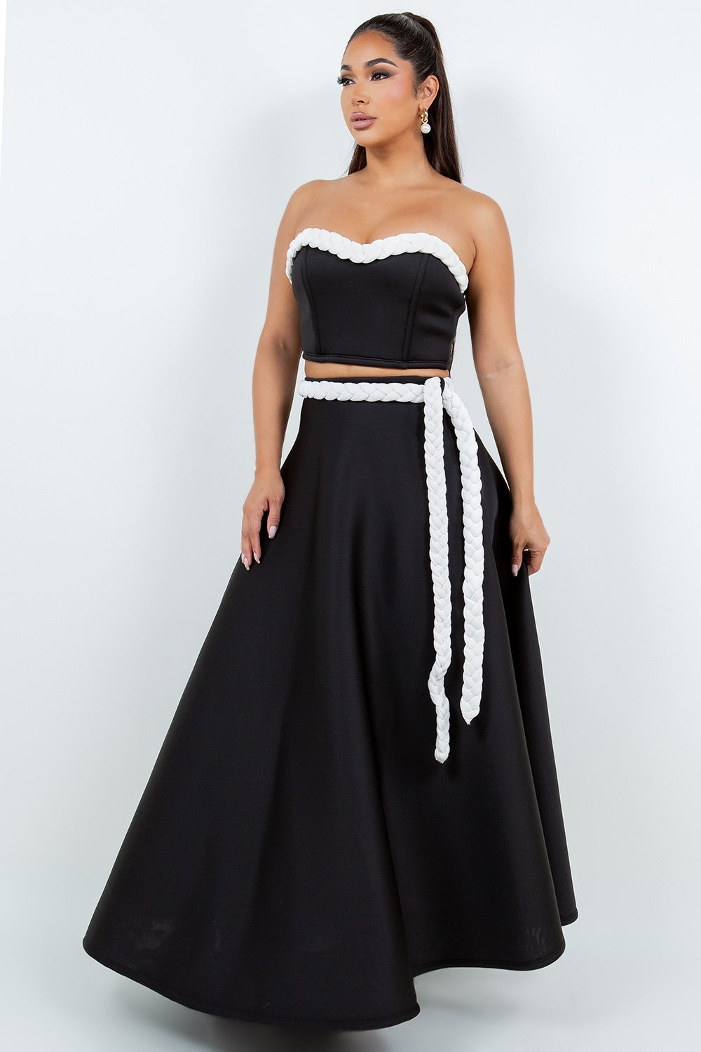 Solid Black & White Roped Maxi Skirt Set
