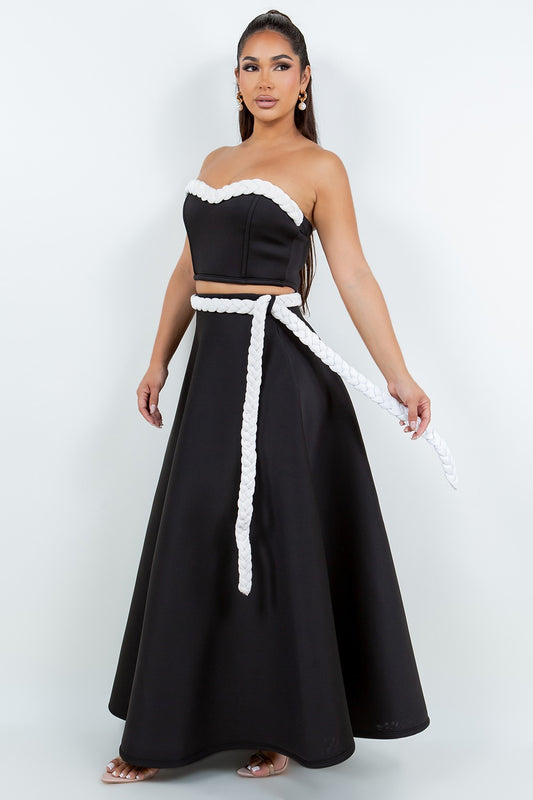 Solid Black & White Roped Maxi Skirt Set