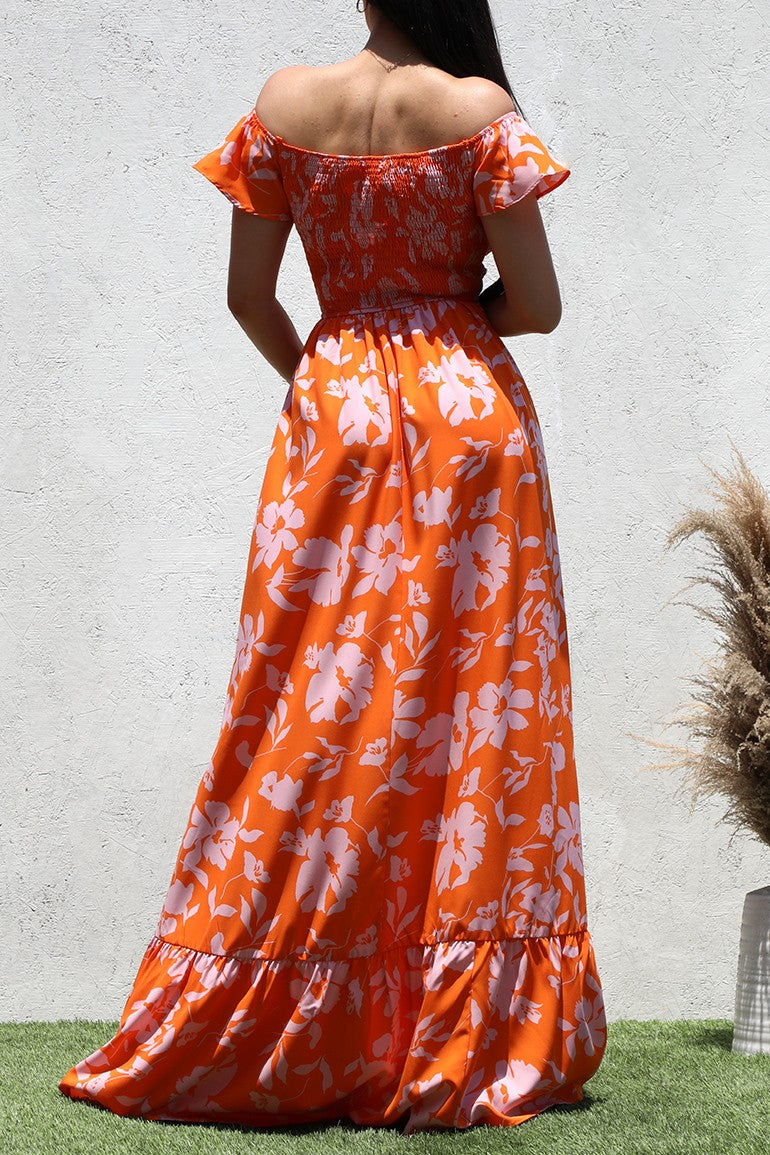 Vestido Maxi Ombro a Ombro Laranja com Detalhe Franzido