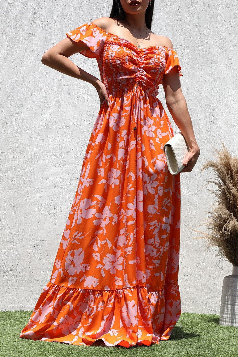 Vestido Maxi Ombro a Ombro Laranja com Detalhe Franzido