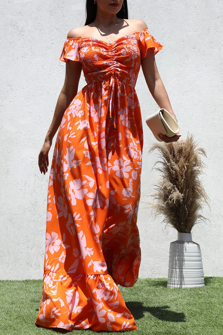 Vestido Maxi Ombro a Ombro Laranja com Detalhe Franzido