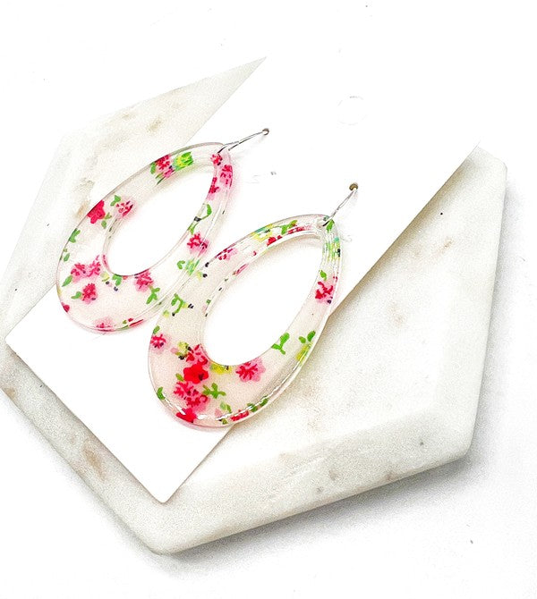 White Red Floral Flower Acrylic Teardrop Earrings