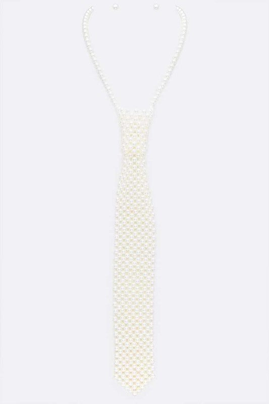 Pearl Beaded Neck Tie Statement Neckalce Set