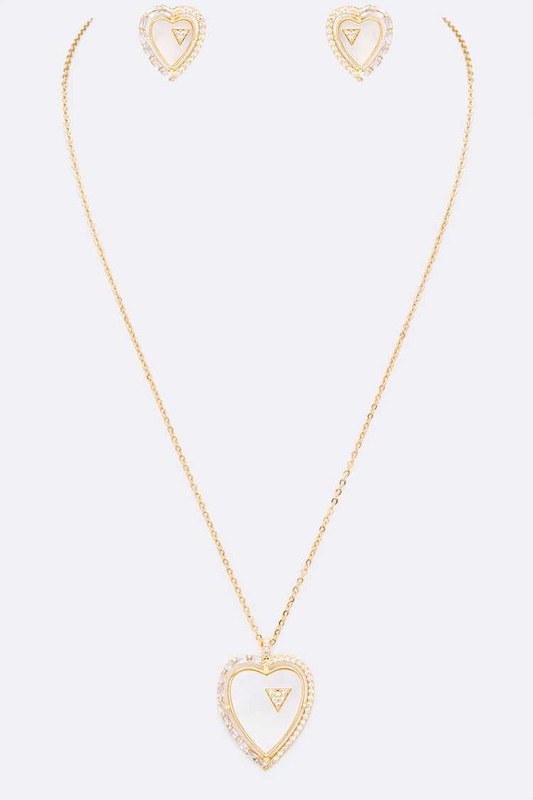 MOP Cubic Zirconia Heart Pendant Necklace Set-2 Colors