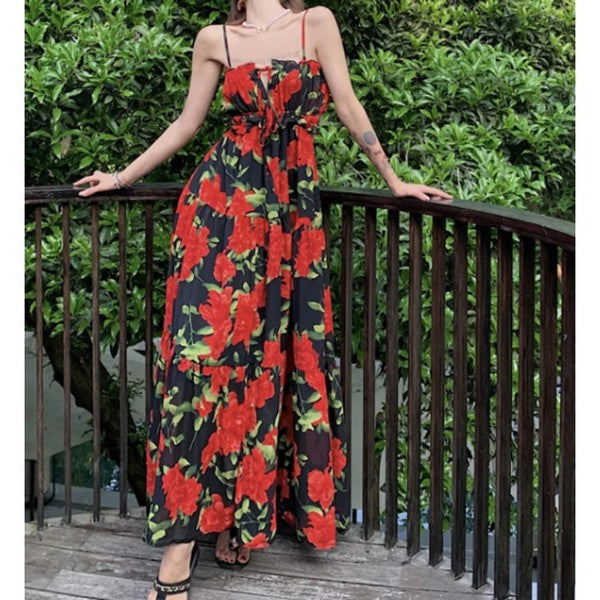 Red Roses Floral Open Back Dress