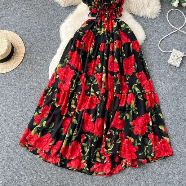 Red Roses Floral Open Back Dress