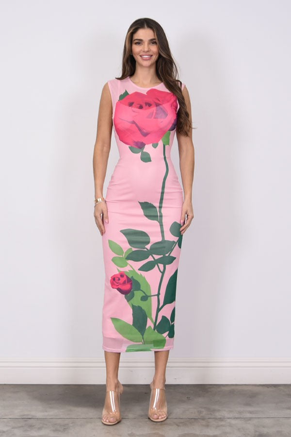 Conjunto Vestido Longo de Tela Estampado Rosas e Vestido Curto Interno