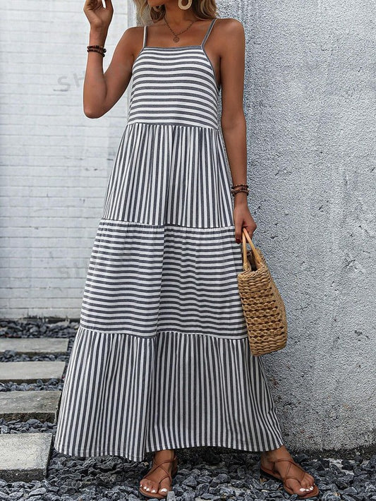 Striped Ruffle Hem Cami Maxi Dress-2 Colors