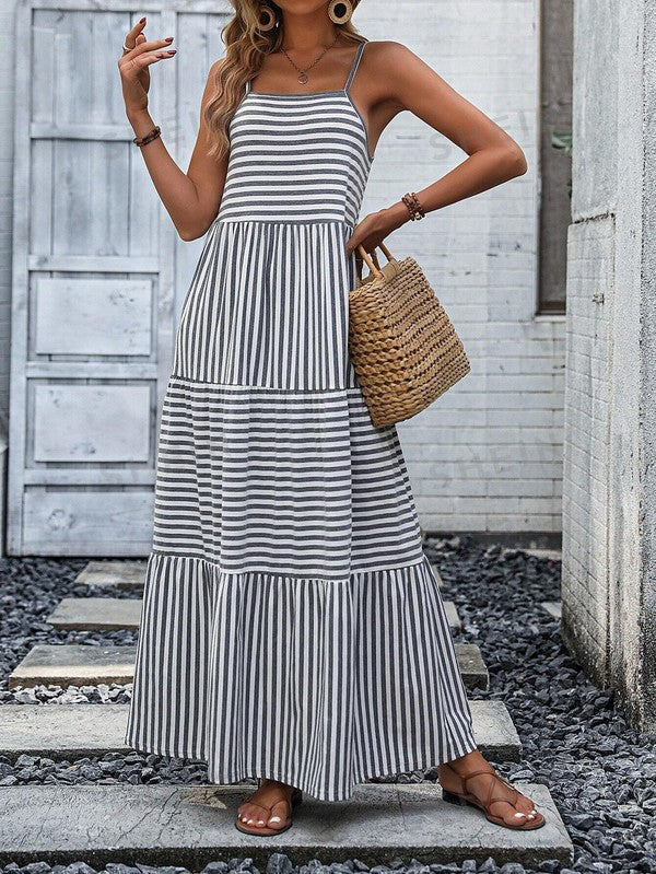 Striped Ruffle Hem Cami Maxi Dress-2 Colors