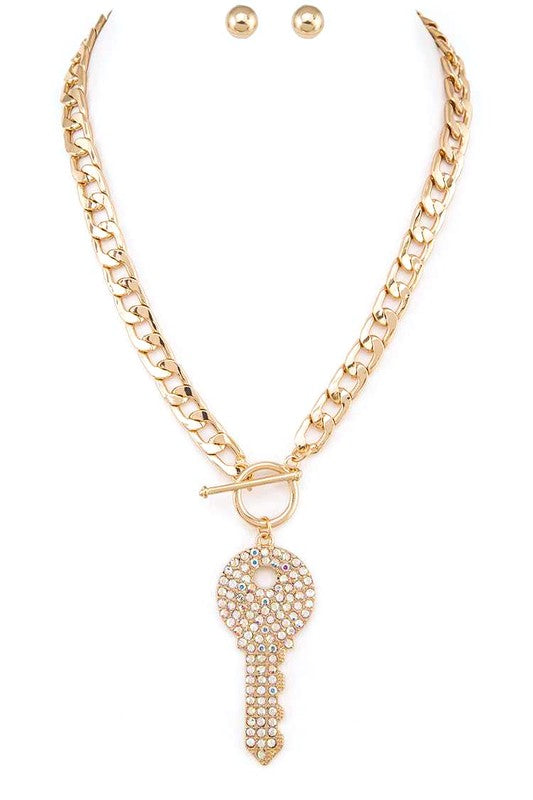 Crystal Key Pendant Necklace Set- 3 Colors