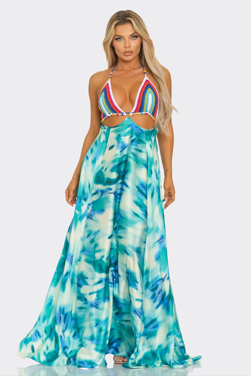 Crochet & Tie Dye Mix Maxi Dress-Blue