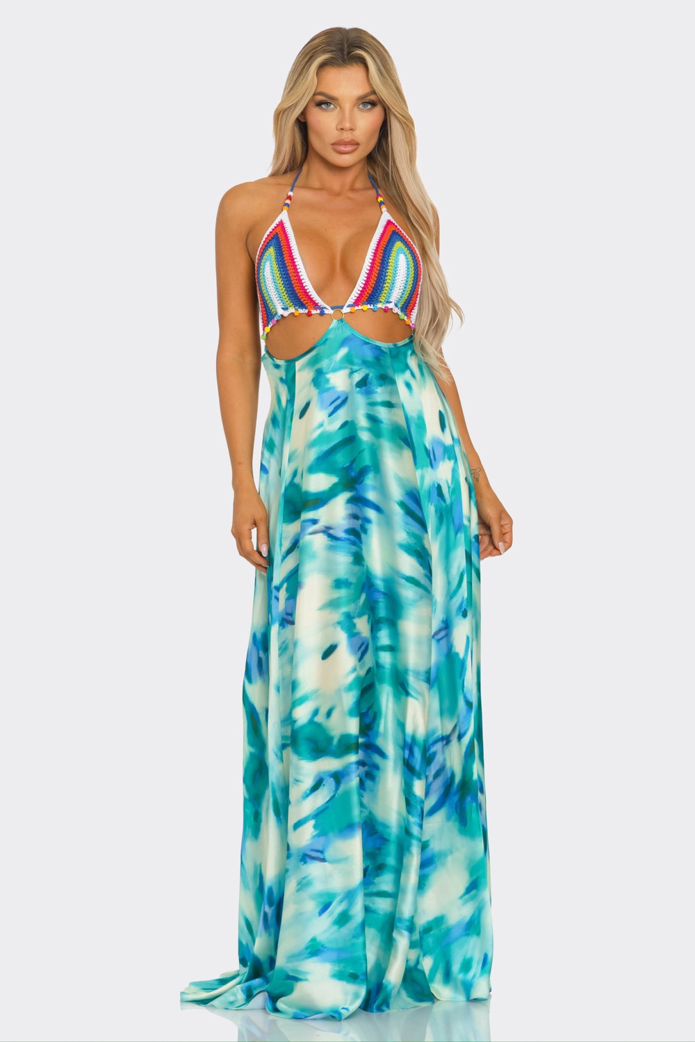 Crochet & Tie Dye Mix Maxi Dress-Blue