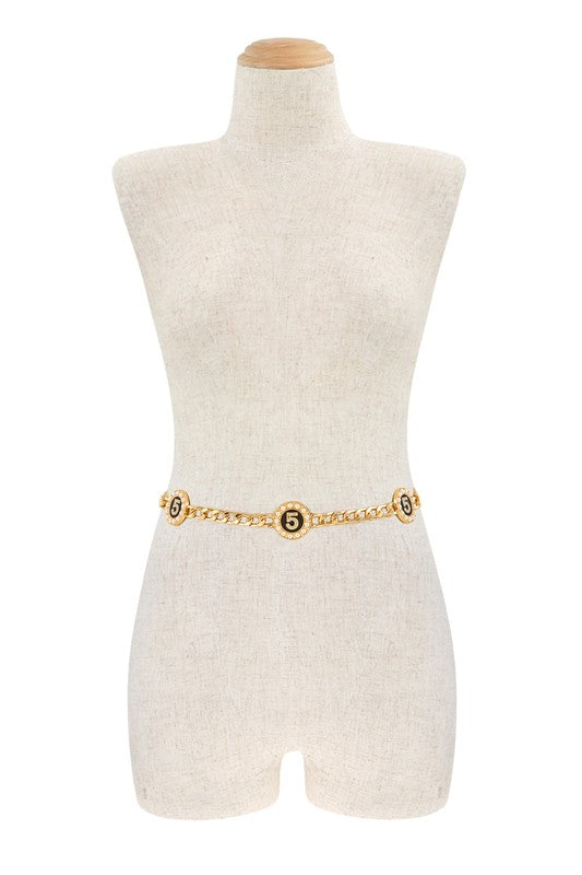 Metal Circle Five Pearl Charm Chain Belt- 3 Colors
