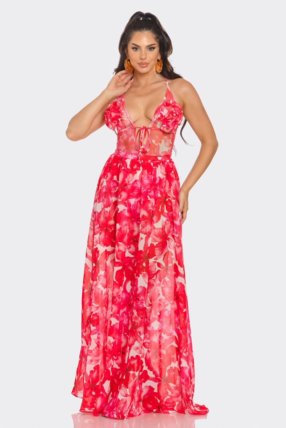 Valencia 3D Flower Bodysuit Top & Maxi Skirt Set