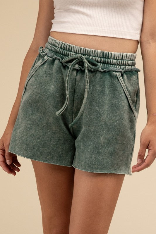 Acid Wash Fleece Drawstring Shorts with Pockets-3 Colors