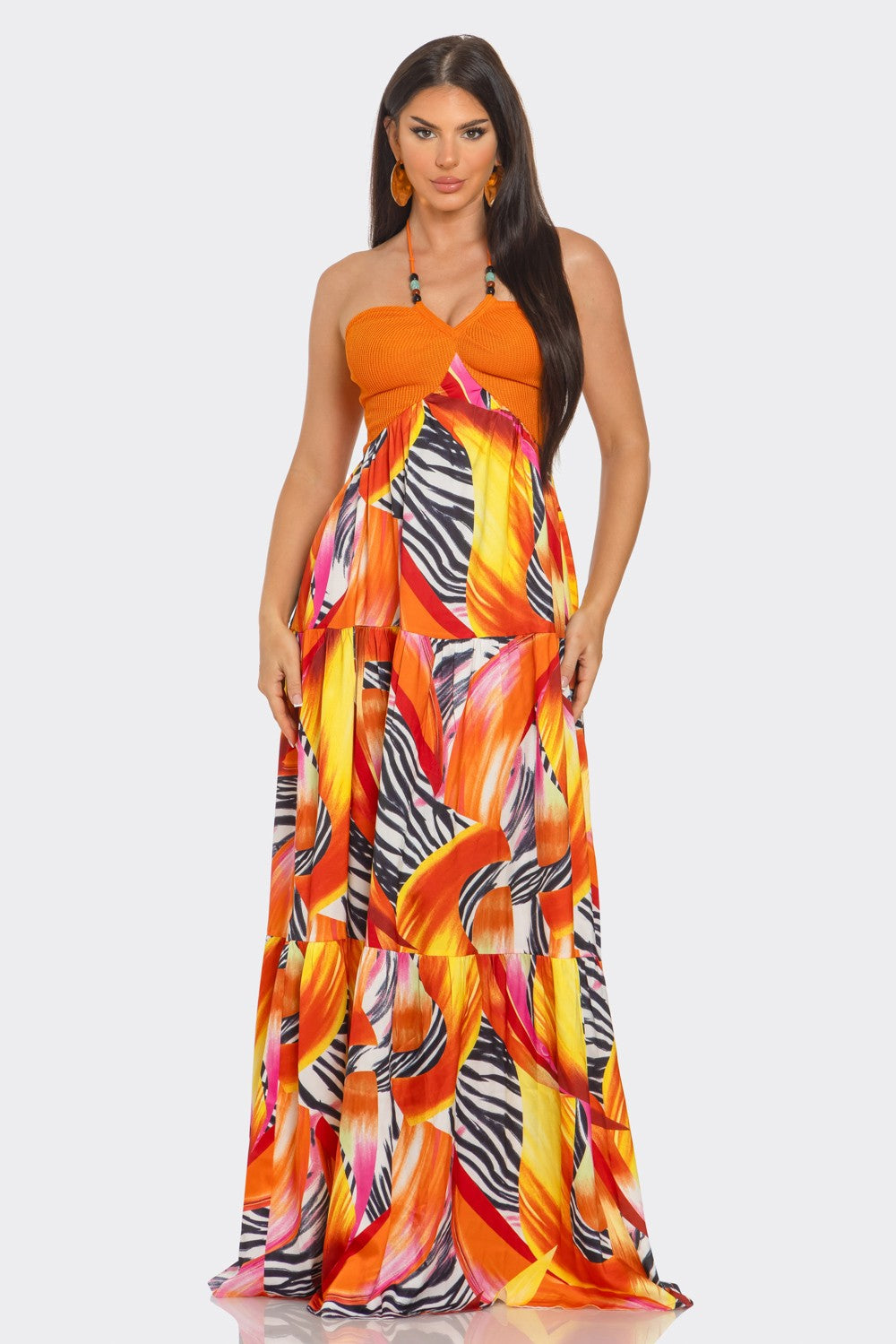 Vestido Longo Floral com Estampa Animal e Gola Halter - Laranja
