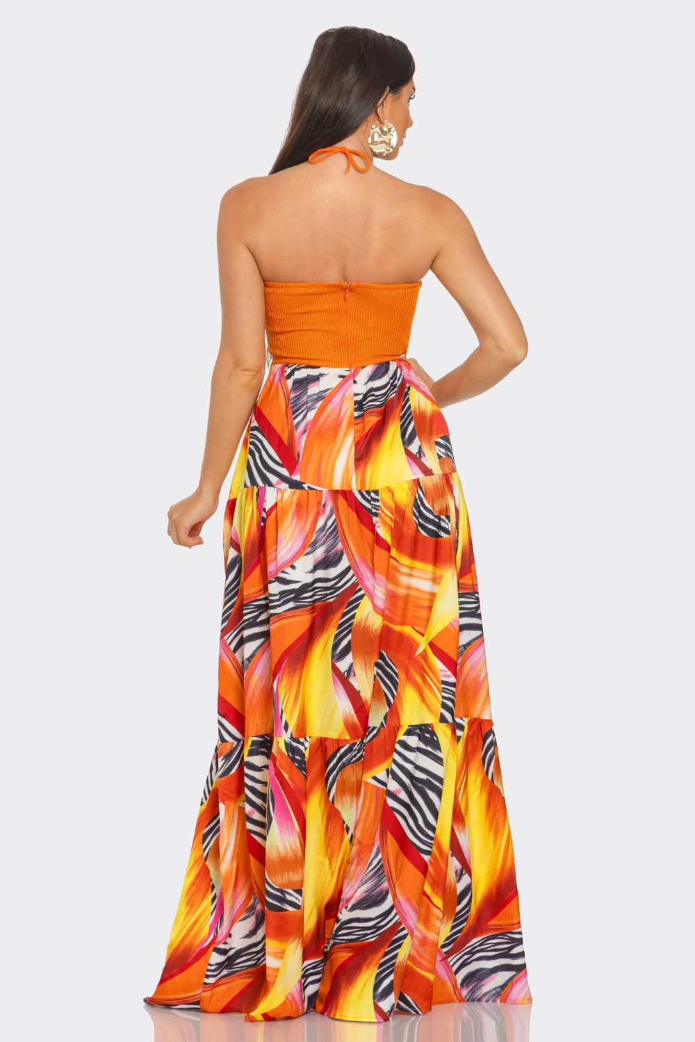 Vestido Longo Floral com Estampa Animal e Gola Halter - Laranja