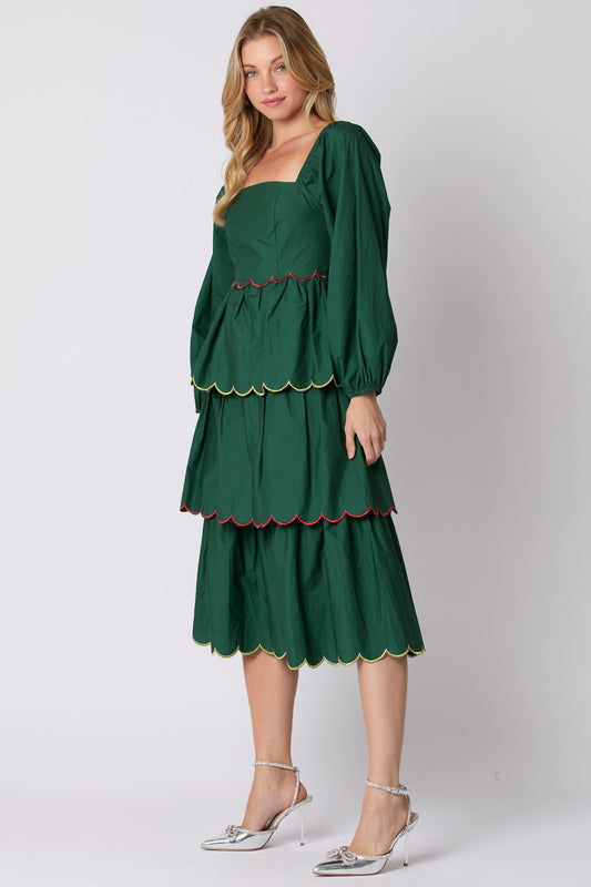 Hunter Green Cotton Poplin Lurex Midi Dress- PreOrder