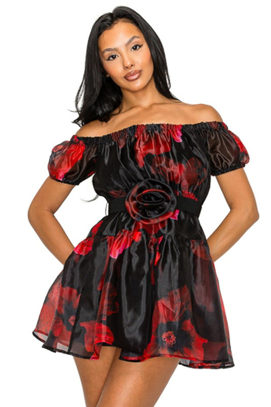 Black & Red Floral Organza Off Shoulder Belted Dress