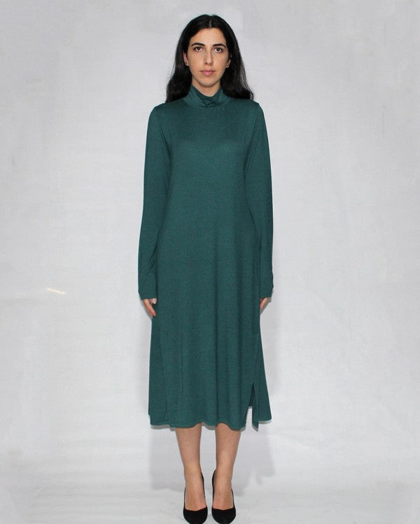 Turtle Neck Side Slits Dress- Green