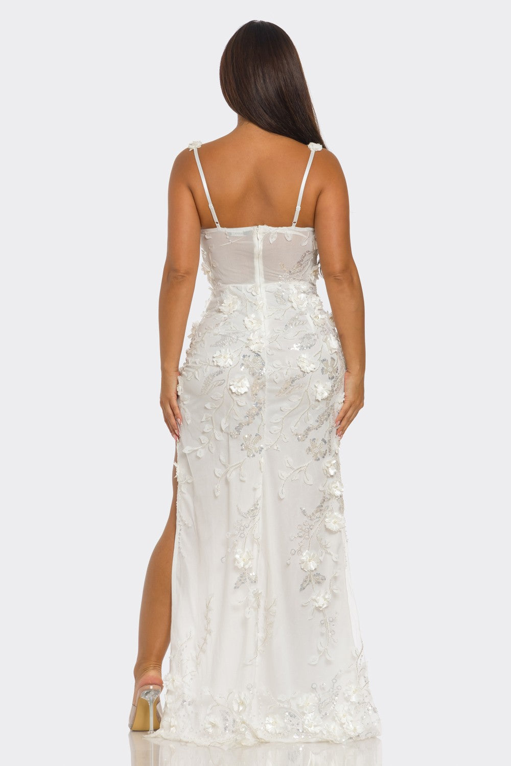 Sequin 3D Floral Embellished Midi Dress- White