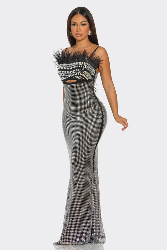 Rhinestone Embellished Shimmering Maxi Dress- Black