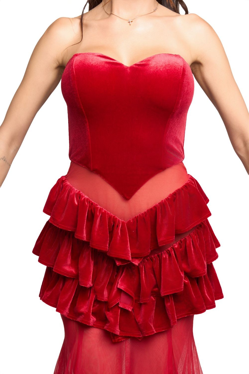 Ruffled Skirt Detailed Maxi Dress- Red