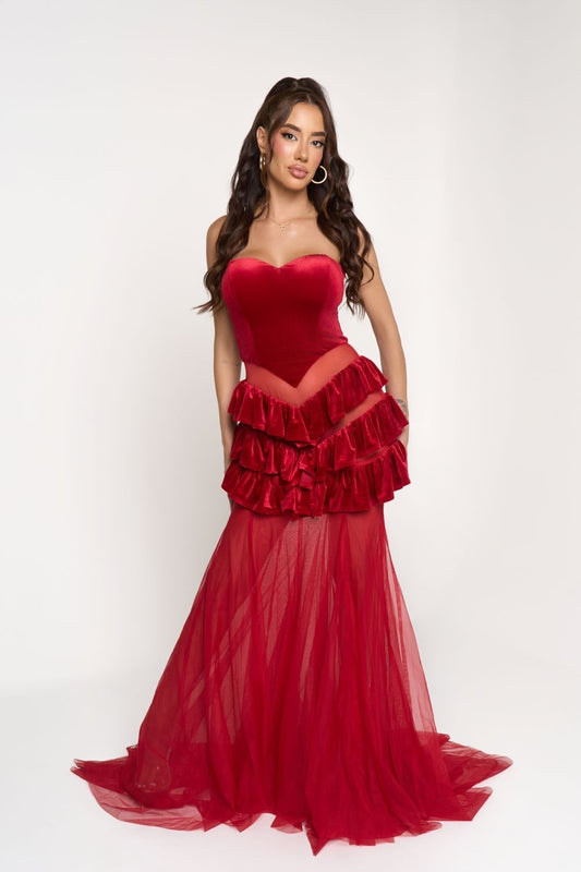 Ruffled Skirt Detailed Maxi Dress- Red