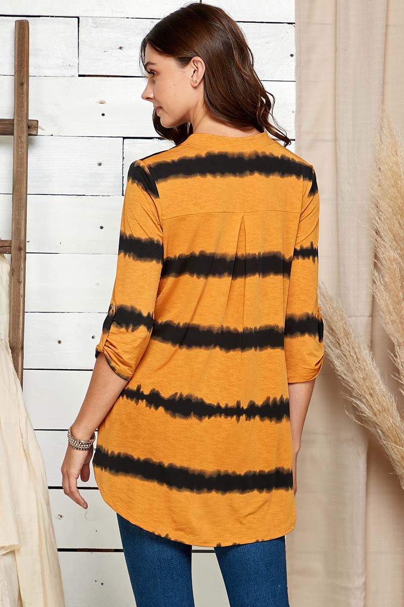 Women's Mustard Combo Tie Dye Roll Up Sleeve Tunic