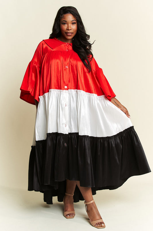 Plus Size Colorblock Flare Sleeve Pleated Tiered Flare Dress