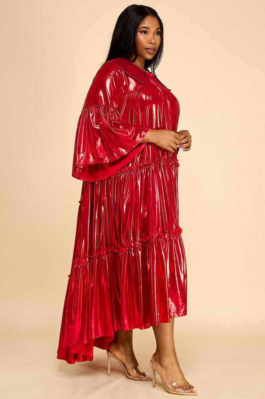 Plus Size Flare Sleeve Metallic Pleated Tiered Flare Dress- Red/Silver/Gold