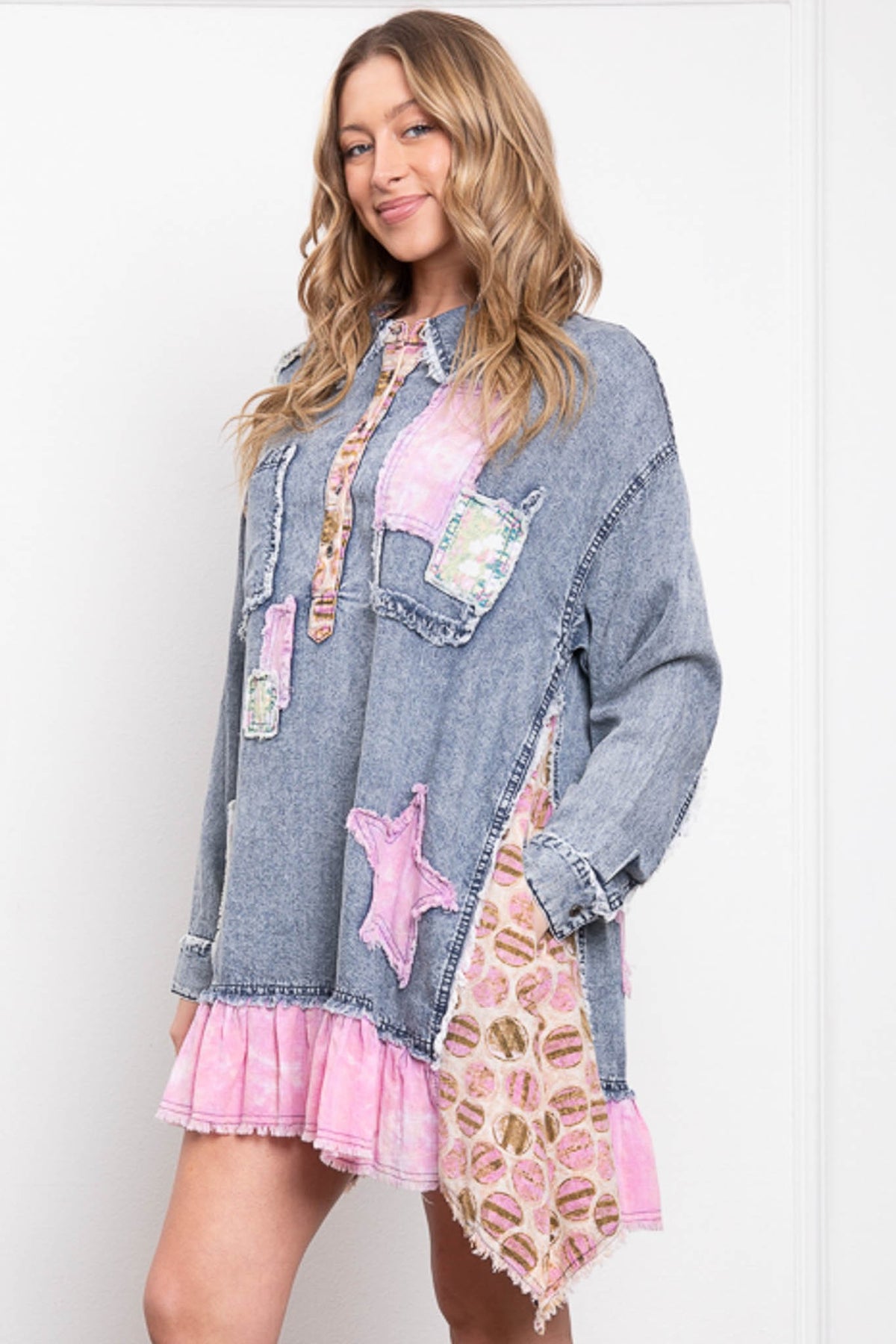 Vestido Jeans com Babado e Retalhos