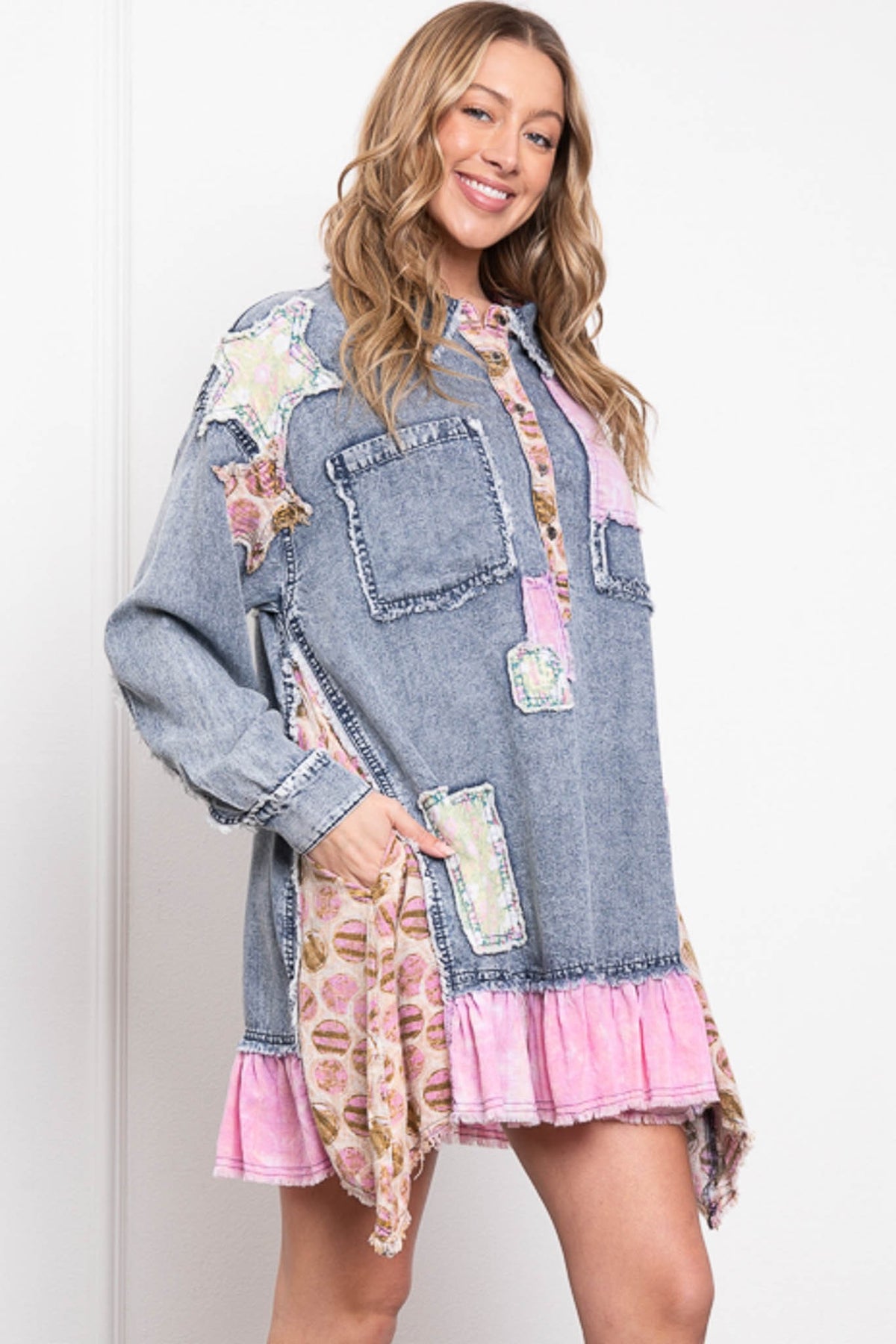 Vestido Jeans com Babado e Retalhos