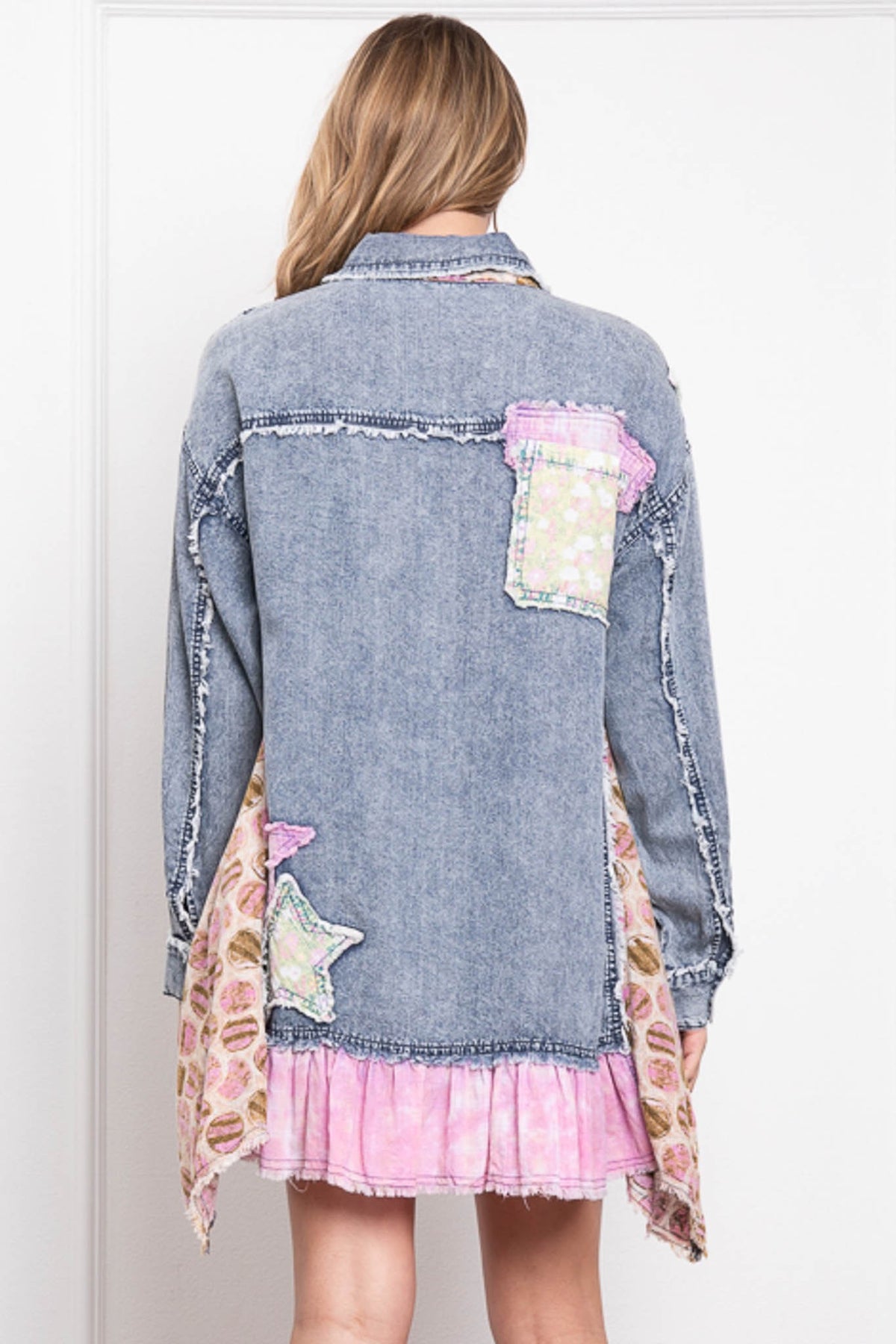 Vestido Jeans com Babado e Retalhos