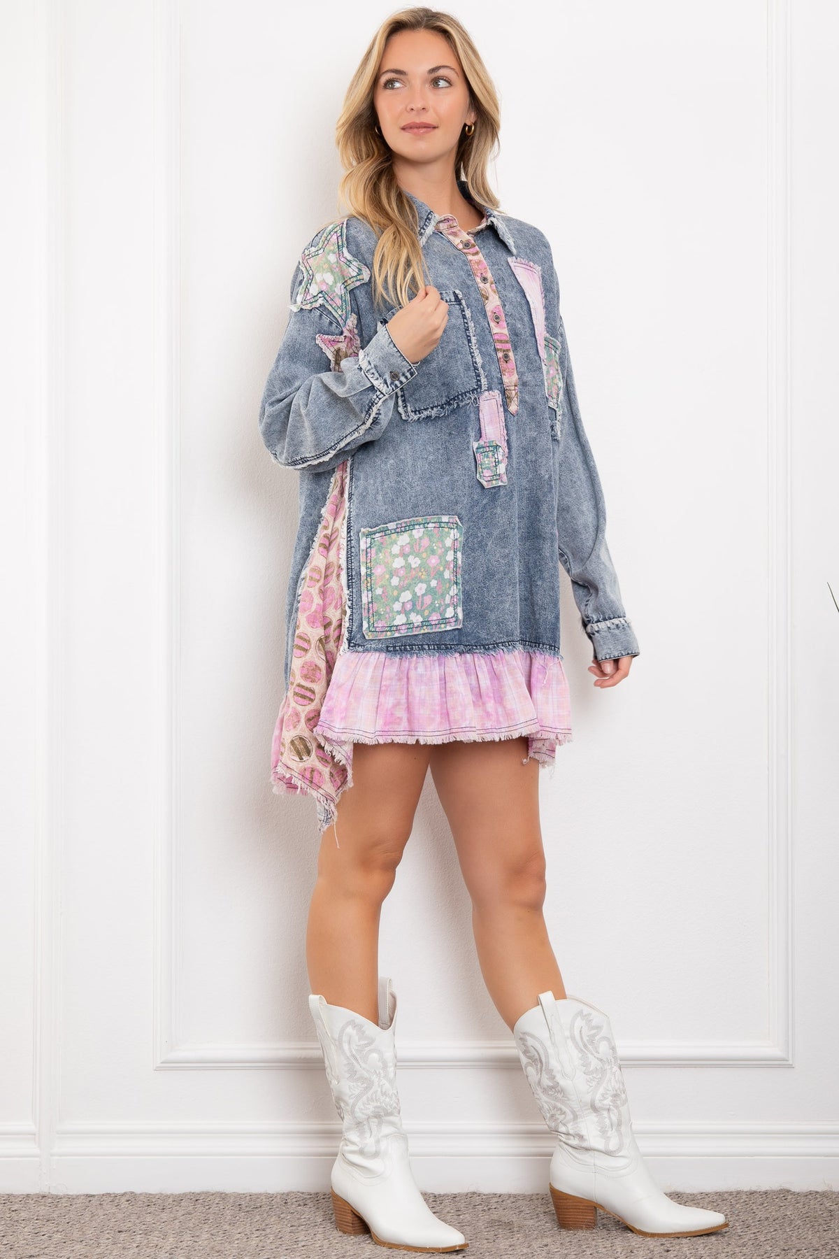 Vestido Jeans com Babado e Retalhos