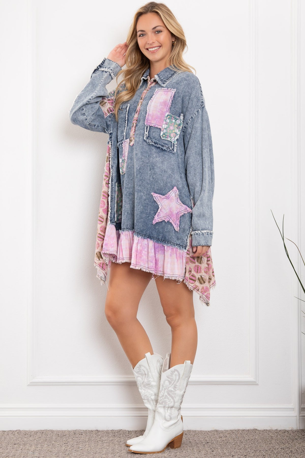 Vestido Jeans com Babado e Retalhos