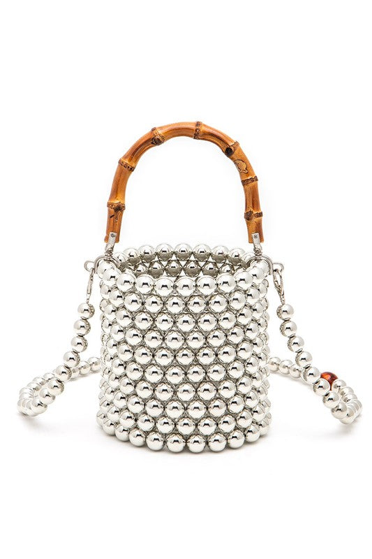 Bamboo Top Handle Beaded Bucket Clutch Bag- 3 Colors