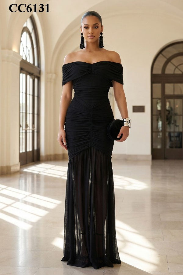 Off Shoulder Ruched Maxi Dress- Black (PRE-ORDER)